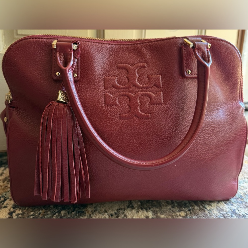 Tory Burch Thea Triple Zip Satchel Burgundy Leather with Tassel